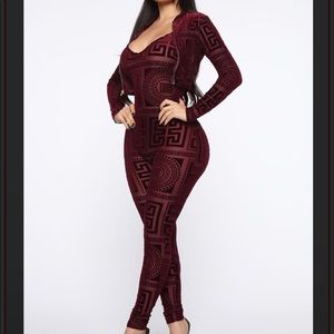Burgundy  jumpsuit with matching cropped sweater